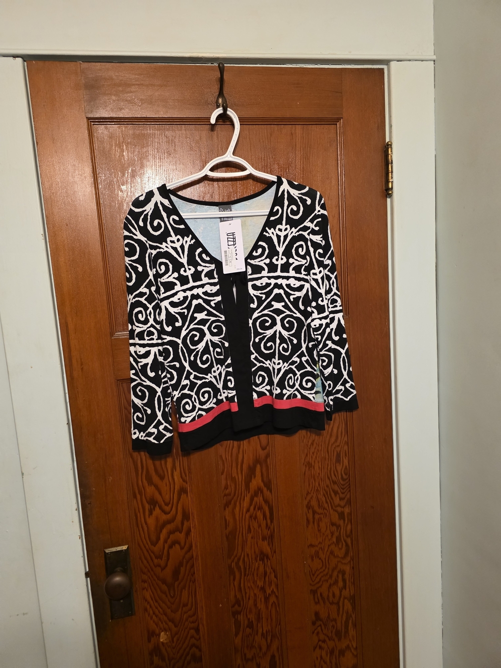 Women's Black & White Scroll-Print Cardigan with Pink Hem